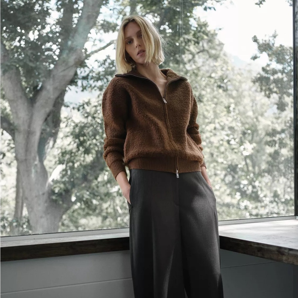New Zara 100% Bouclé wool bomber jacket in chocolate - large